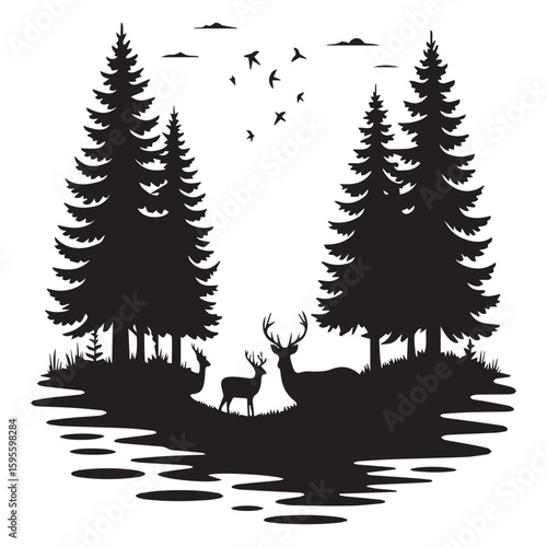 A silhouette of deer in a forest landscape with a lake and birds flying overhead, isolated on white background