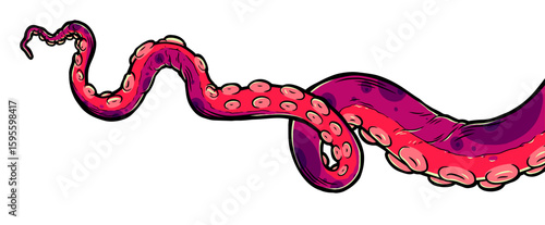 Purple octopus tentacles reaching upwards, squid-like marine animal body parts protruding from out of frame, cut for food or frame design, cartoon colour sketch anime vector illustration. 