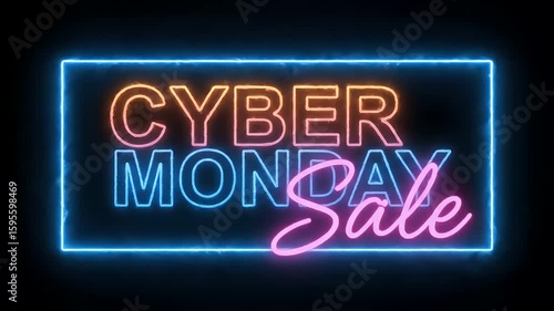 Neon sign displaying CYBER MONDAY Sale with a blue bracket