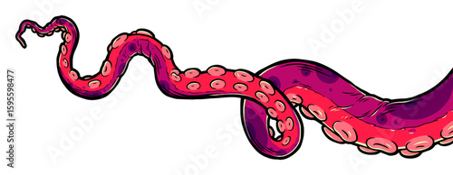 Purple octopus tentacles reaching upwards, squid-like marine animal body parts protruding from out of frame, cut for food or frame design, cartoon colour sketch anime vector illustration. 