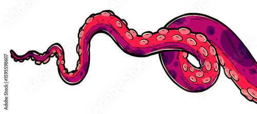 Purple octopus tentacles reaching upwards, squid-like marine animal body parts protruding from out of frame, cut for food or frame design, cartoon colour sketch anime vector illustration. 