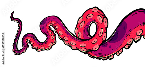 Purple octopus tentacles reaching upwards, squid-like marine animal body parts protruding from out of frame, cut for food or frame design, cartoon colour sketch anime vector illustration. 