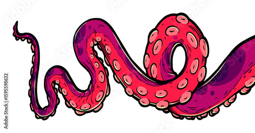 Purple octopus tentacles reaching upwards, squid-like marine animal body parts protruding from out of frame, cut for food or frame design, cartoon colour sketch anime vector illustration. 