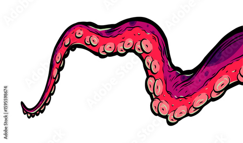 Purple octopus tentacles reaching upwards, squid-like marine animal body parts protruding from out of frame, cut for food or frame design, cartoon colour sketch anime vector illustration. 