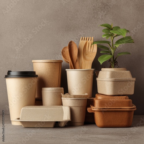 Eco-Friendly Biodegradable Food Packaging and Utensils on Neutral Background