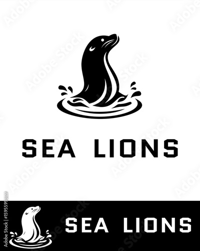 Stylized black and white logo of a sea lion emerging from water with splash effects in flat and minimalist style 