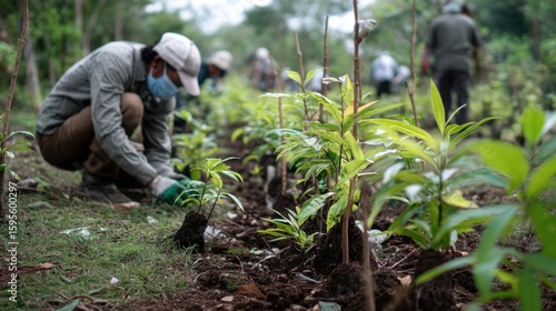 Volunteers Planting Trees in Lush Green Forest for Environmental Conservation