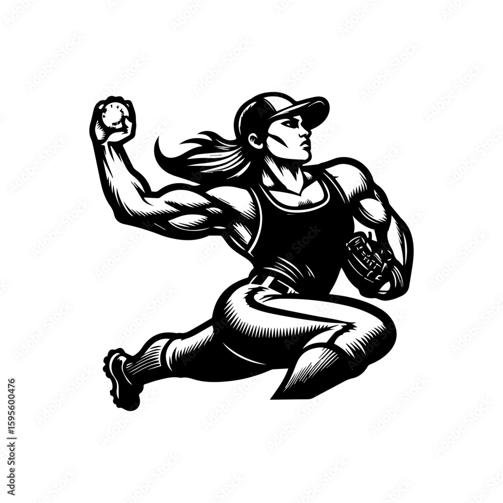 Fototapeta premium Dynamic Softball Player in MidThrow Graphic Black and White Illustration.