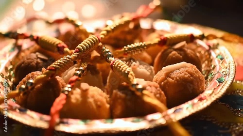 Close up shot of a decorative plate filled with sweets and rakhi for the raksha bandhan festival