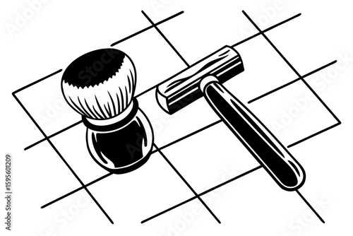 Razor and shaving brush on tiled surface in black and white  