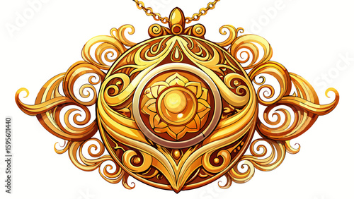 Ornate golden pendant with intricate swirling patterns showcased  white background.