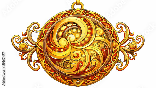 Ornate golden pendant with intricate swirling patterns showcased  white background.