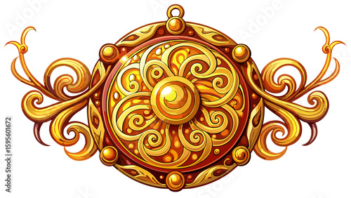 Ornate golden pendant with intricate swirling patterns showcased  white background.