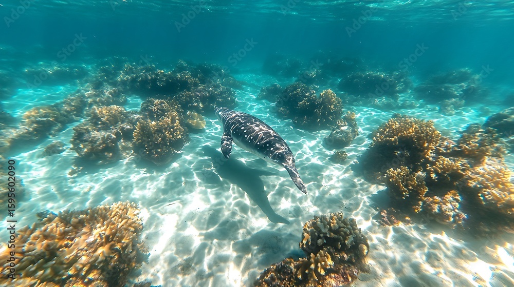 Fototapeta premium Spotted sea creature swims amidst coral reefs.