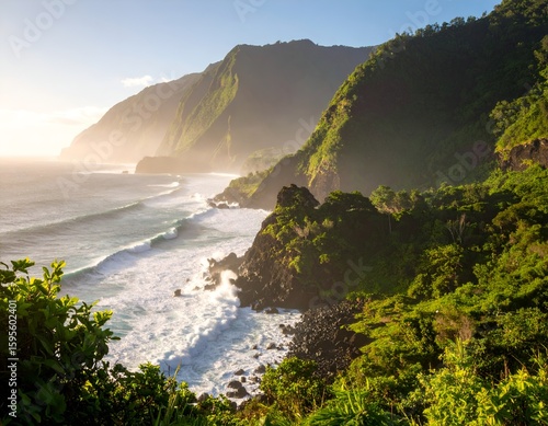 Early Morning Soft Light on Volcanic Island Shore with Waves Crashing Against Jagged Lava Rocks and Lush Tropical Cliffs