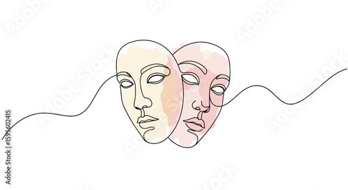 Gestalt psychology - mask with two faces symbolizing duality and hidden emotions, abstract one line doodle watercolor vector illustration

