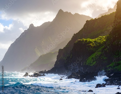 Early Morning Soft Light on Volcanic Island Shore with Waves Crashing Against Jagged Lava Rocks and Lush Tropical Cliffs
