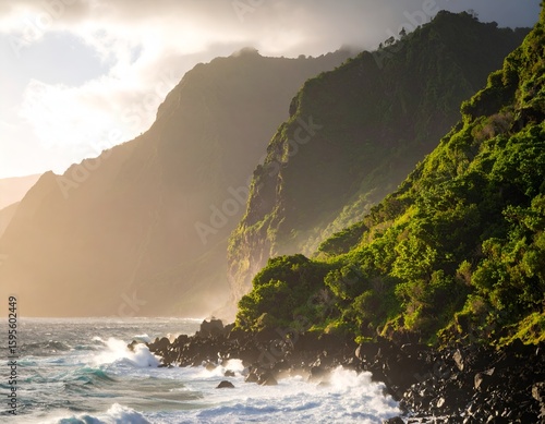 Early Morning Soft Light on Volcanic Island Shore with Waves Crashing Against Jagged Lava Rocks and Lush Tropical Cliffs