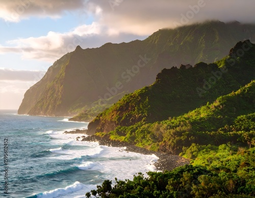 Early Morning Soft Light on Volcanic Island Shore with Waves Crashing Against Jagged Lava Rocks and Lush Tropical Cliffs