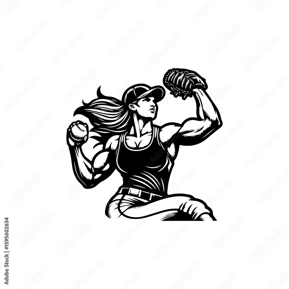 Fototapeta premium Powerful Female Softball Pitcher in Action Ready to Throw the Ball.