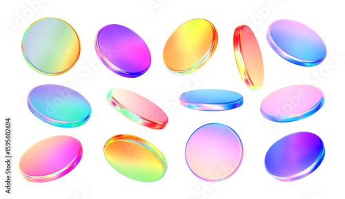 3d glass disk shape hologram effect. Render abstract neon coin set. Fly round podium, disc, badge, lens, plate crystal isolation. Y2k hologram shape. Vector trendy illustration