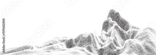 Mountain stipple texture landscape. Abstract rock border hill, volcano, snow mountain halftone grain effect. Dotted terrain dotwork style. Vector graphic vintage illustration