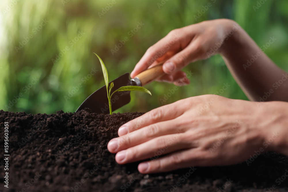 Man planting young tree in soil outdoors, closeup Man planting young tree in soil outdoors, closeup
