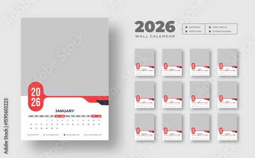 2026 wall calendar template | Editable 12-page monthly planner in vector format | Week starts on Monday | Clean printable design for office, corporate, or personal use