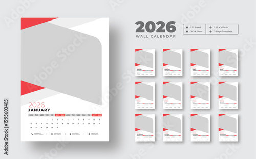 2026 wall calendar template design | Simple 12-month planner template in vector format | Week starts on Monday | Printable design for office, corporate, or business use