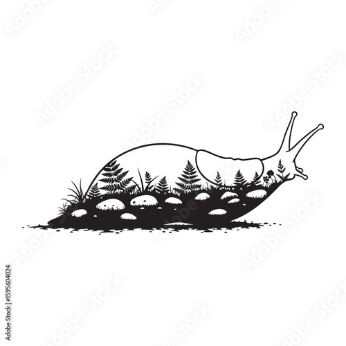 Crawling garden mollusk with a woodland nature scene inside