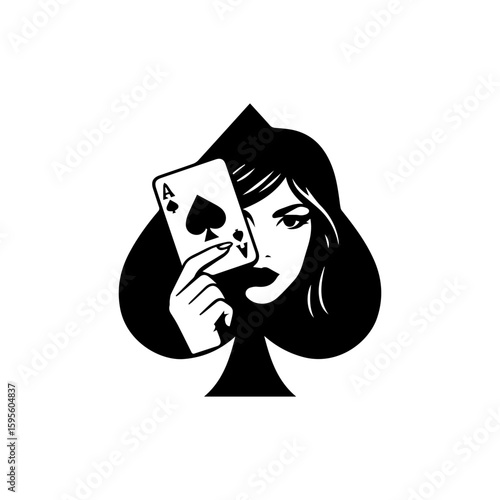 Stylized Woman with Ace of Spades Card in Hand Black and White.