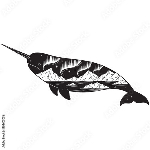 Polar narwhal whale with northern lights over icy mountains