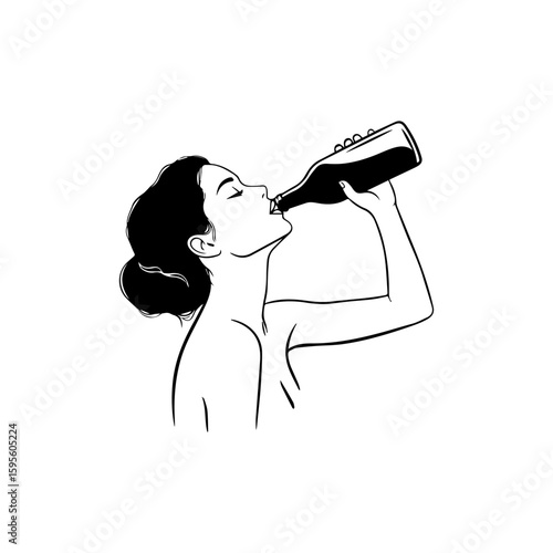 Woman Drinking from Bottle Elegant Line Art Illustration.