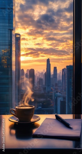 Wallpaper Mural A cup of steaming coffee on a desk, overlooking a cityscape at sunset Torontodigital.ca