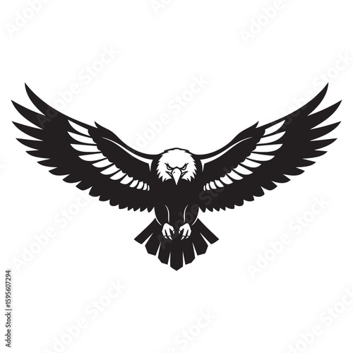 A fierce bald eagle flying with wings spread for a mascot logo