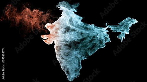 India map formed from smoke with orange and blue hues against a stark black background art