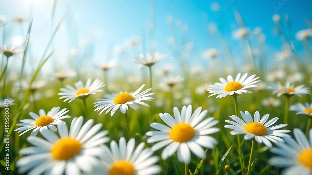 Fototapeta premium Bright White Daisies in Sunny Meadow Under Blue Sky - Spring Nature Background