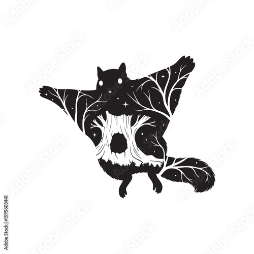 A nocturnal flying squirrel with a magical night forest design