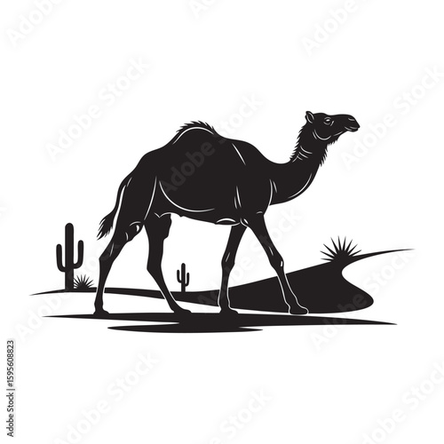 A silhouette of a dromedary camel walking in an arid desert