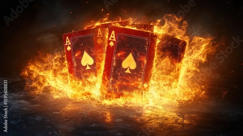 Four aces playing cards on fire, dramatic casino or poker theme.