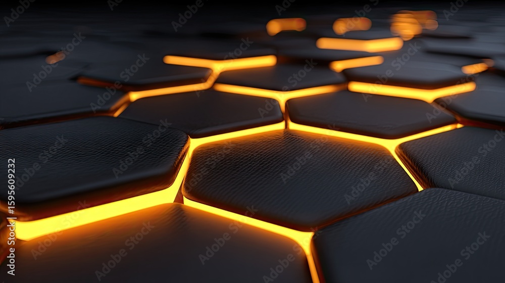 Fototapeta premium Close-up view of glowing hexagonal tiles.