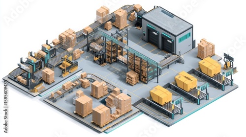 Modern Automated Warehouse with Conveyor Belts and Packaging Operations