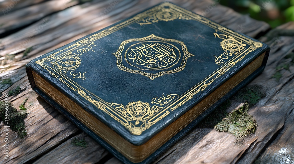 Fototapeta premium Aged book with intricate gold lettering on dark cover.