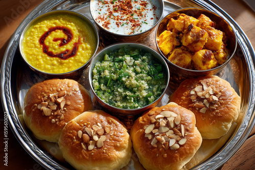 Wallpaper Mural Authentic Indian Thali Meal with Bread Lentil Yogurt and Vegetable Curry on Silver Platter Torontodigital.ca