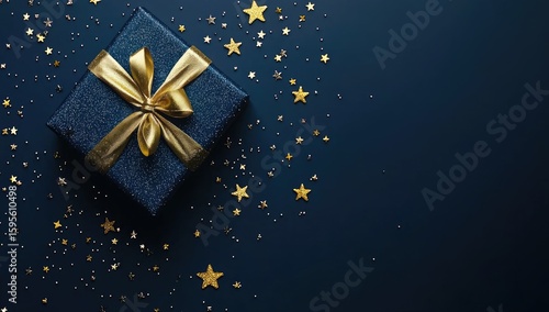 Navy blue gift box with gold ribbon and stars