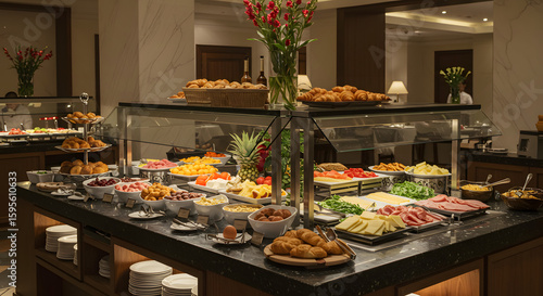Elegant hotel breakfast buffet with a wide variety of gourmet options in a luxurious setting, showcasing abundance, freshness, and a premium morning dining experience for travelers and guests

