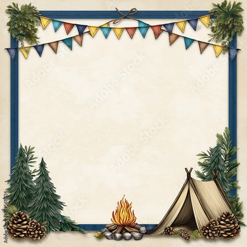 Blank Camping Frame with Tent, Campfire, and Bunting Banner