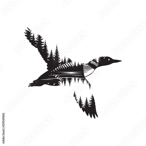 A flying loon bird with a pine forest and lake illustration