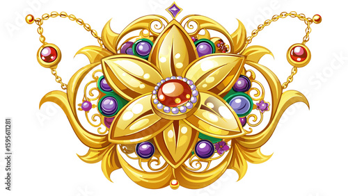 Gold flower pendant with gems on white background
