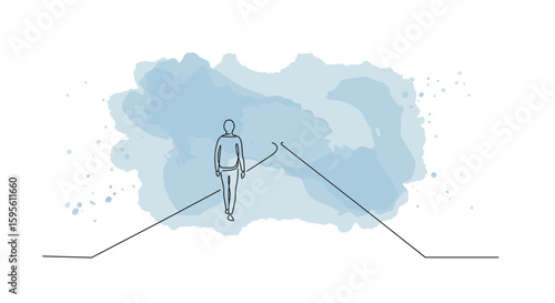 Gestalt psychology person walking infinite path – symbolizing ongoing self‑discovery and personal growth, abstract one line doodle watercolor vector illustration


